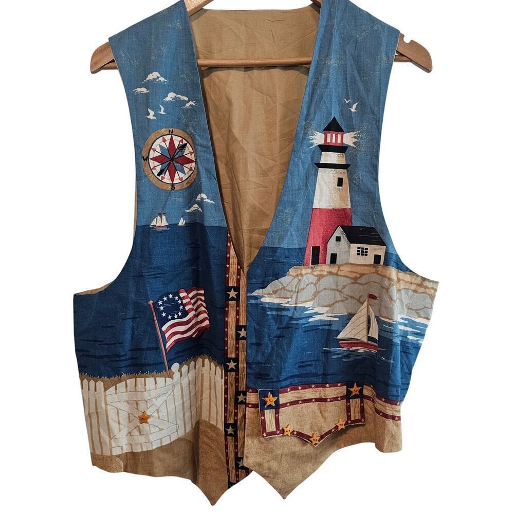 Vintage Handmade Sailing Vest Women 2X Blue Patchwork Cottage Lighthouse Ocean